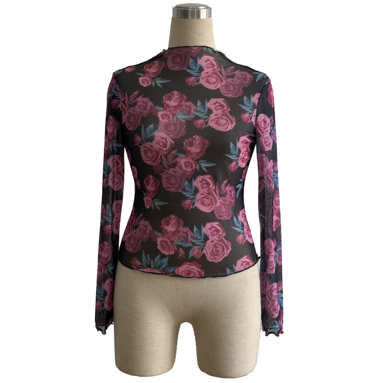 Womens Floral Mesh Top Fashion Bodycon Long Sleeve T-shirt Female Clothing